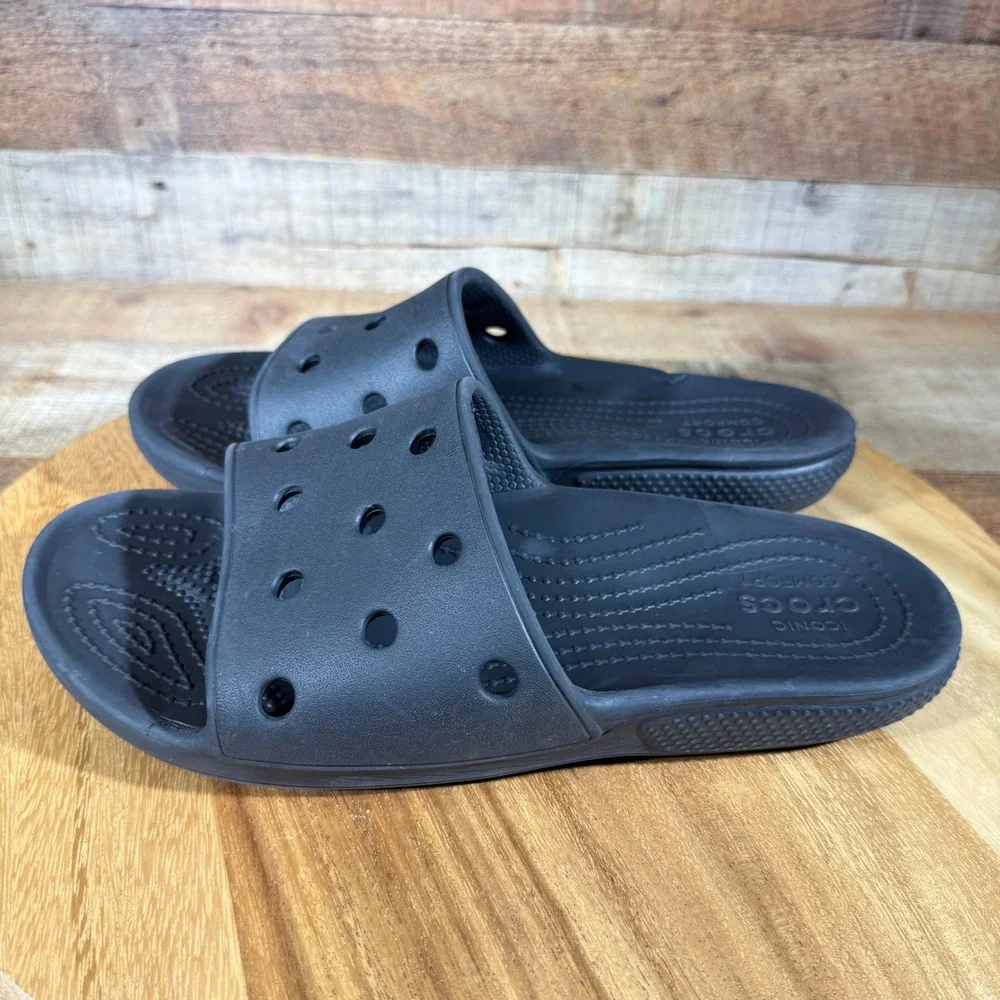 Crocs Slides Mens 8 Black Rubber Classic Slide Sandals 206121 Slip On Comfort